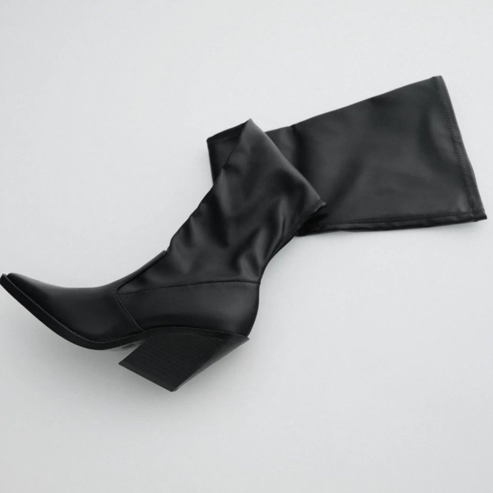 NWT Zara Black Tall Shaft Heeled Cowboy Boots, 7.5/38